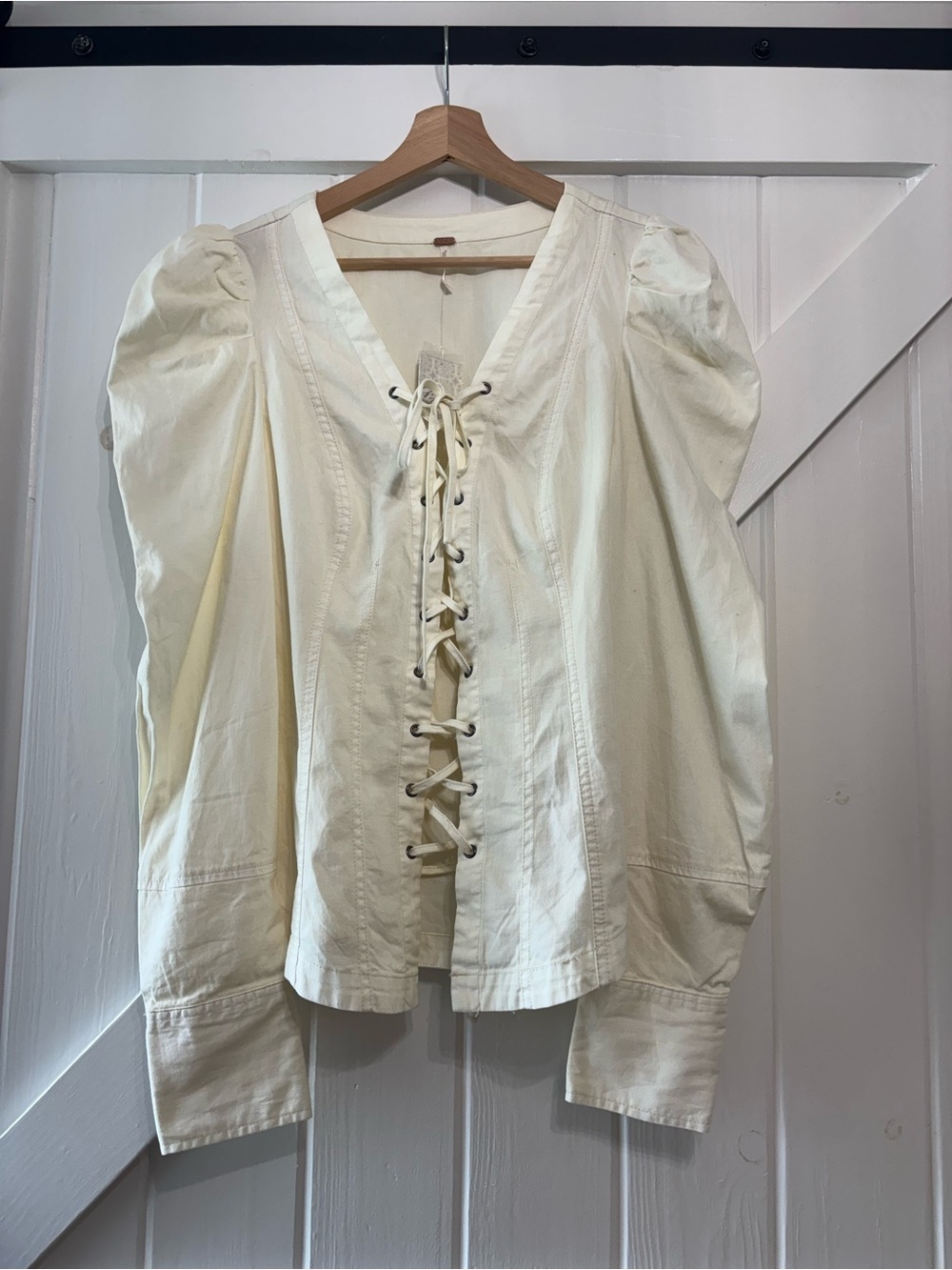 Free People Ivory Lace-Up Corset Puff Sleeve Cream Blouse Cottagecore Prairie M - Picture 3 of 10
